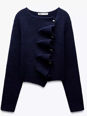 Zara Navy Ruffle-Front Crewneck Sweater